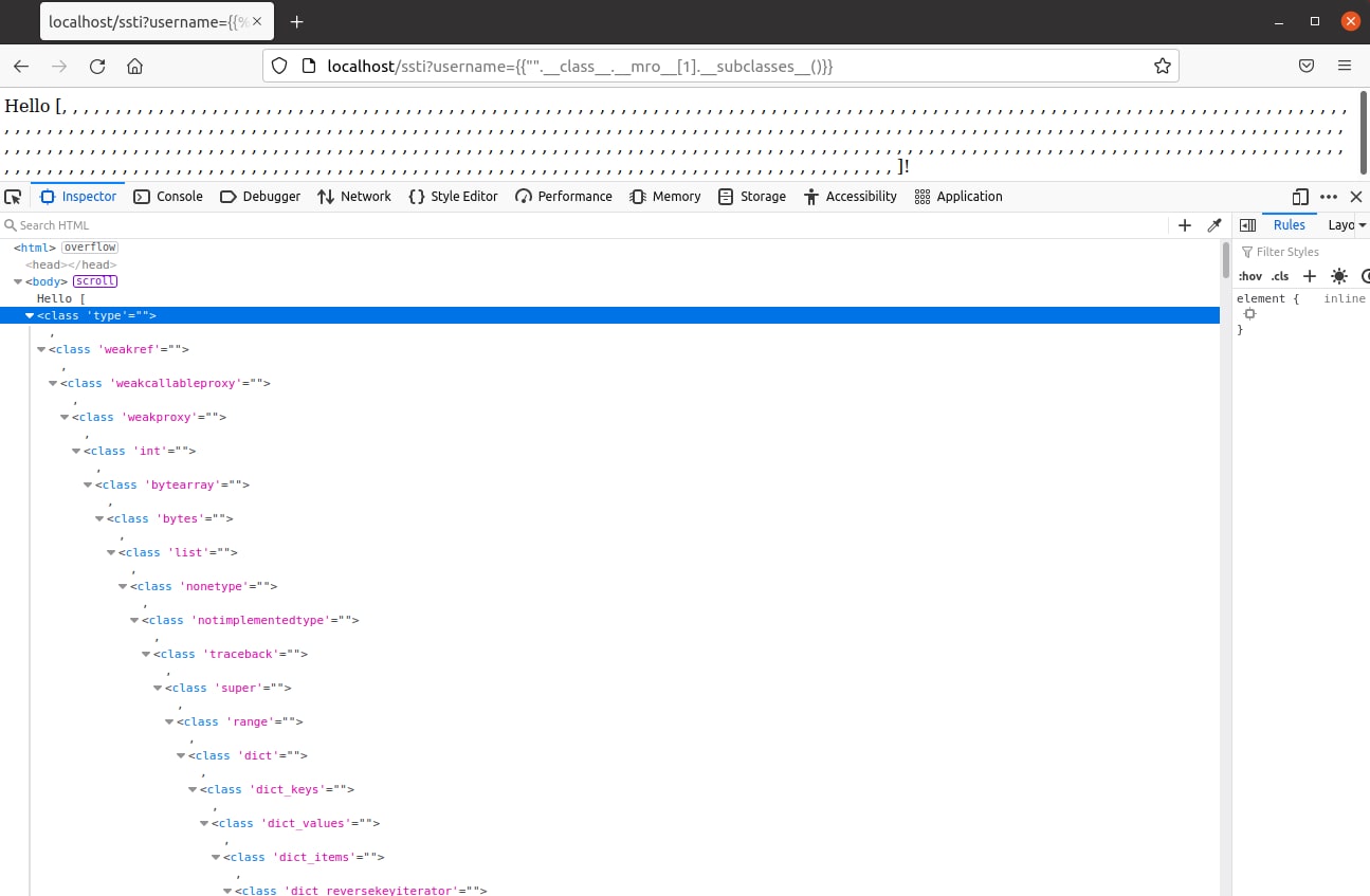 Figure 20. List of classes disclosed by __subclasses__ function