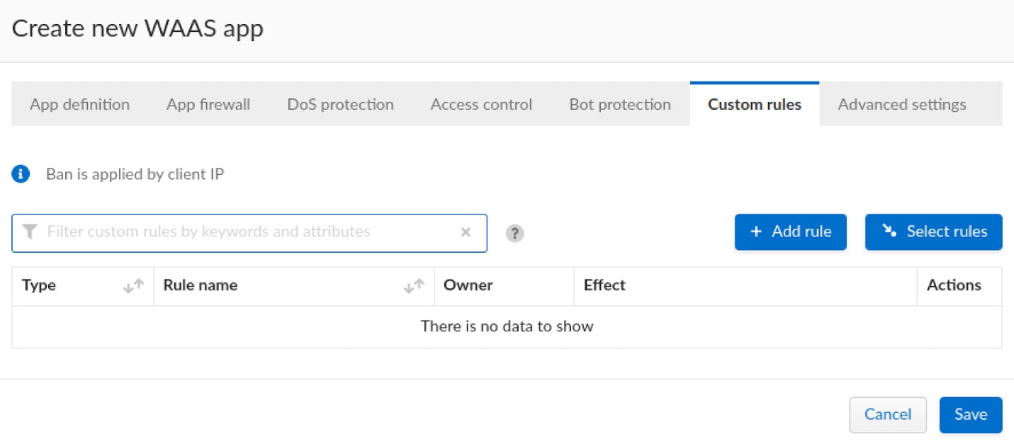 Figure 31. WAAS Custom rules tab