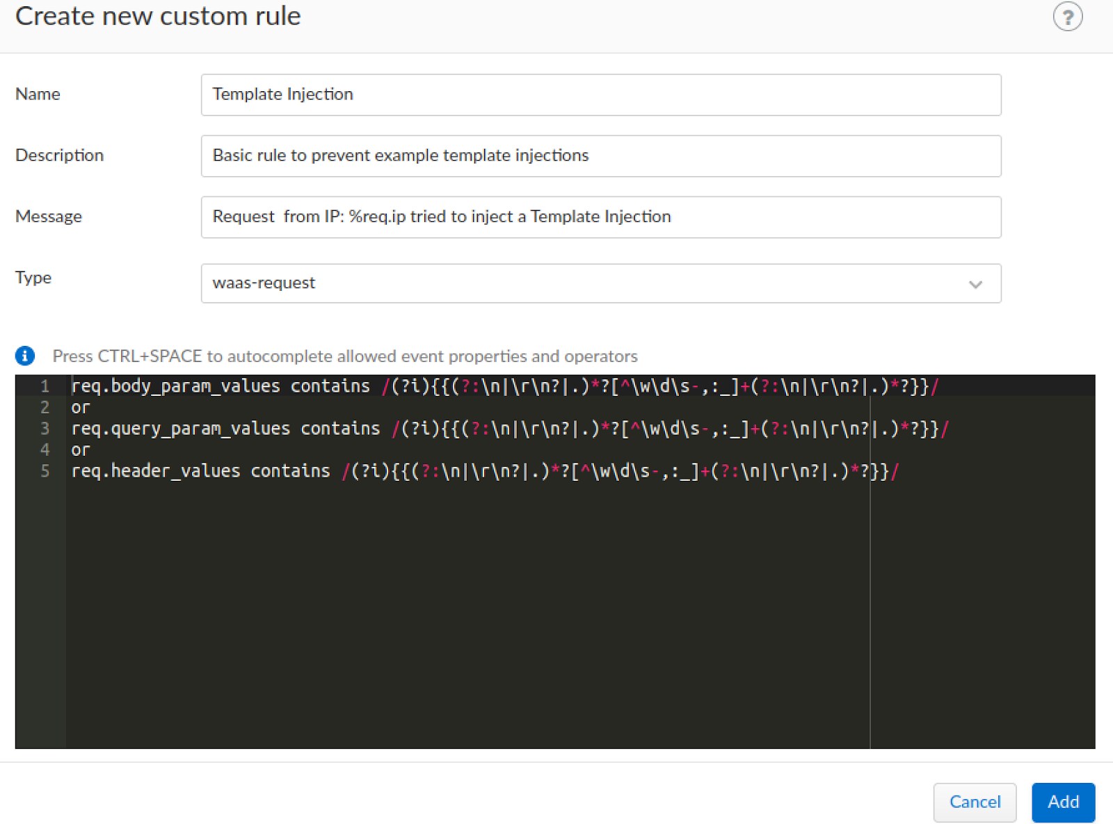 Figure 32. Creating a custom rule using the given regex