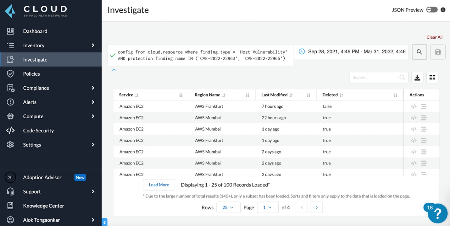 Figure 2. CVE-2022-22963 and CVE-2022-22965 vulnerability information for hosts with RQL query/WAAS Detections