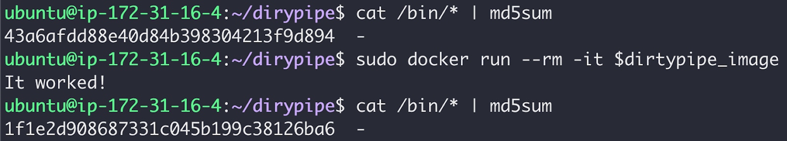 Figure 3: a malicious image that breaks out upon execution and overwrites a binary under /bin on the host, with the /bin new md5 value as proof