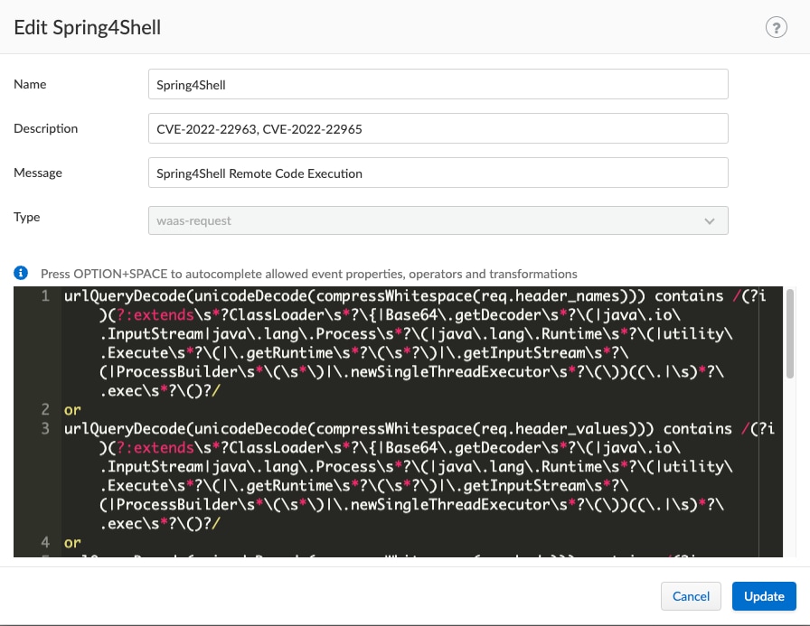 Figure 5. WAAS 22.01.839 Spring4Shell Rule