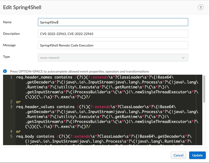 Figure 6. WAAS 21.08.525 Spring4Shell Rule