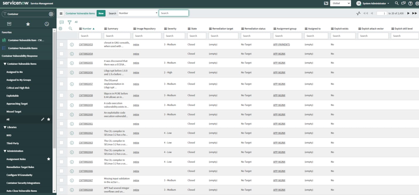 Figure 1. ServiceNow view of Container Vulnerable Items from Prisma Cloud vulnerability scans