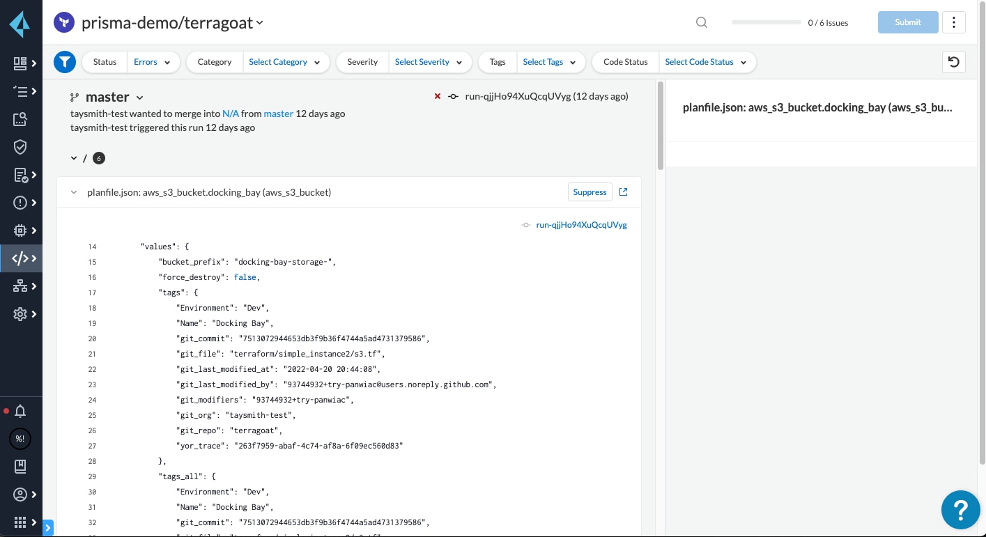 Results of a Terraform Cloud plan scan in Prisma Cloud