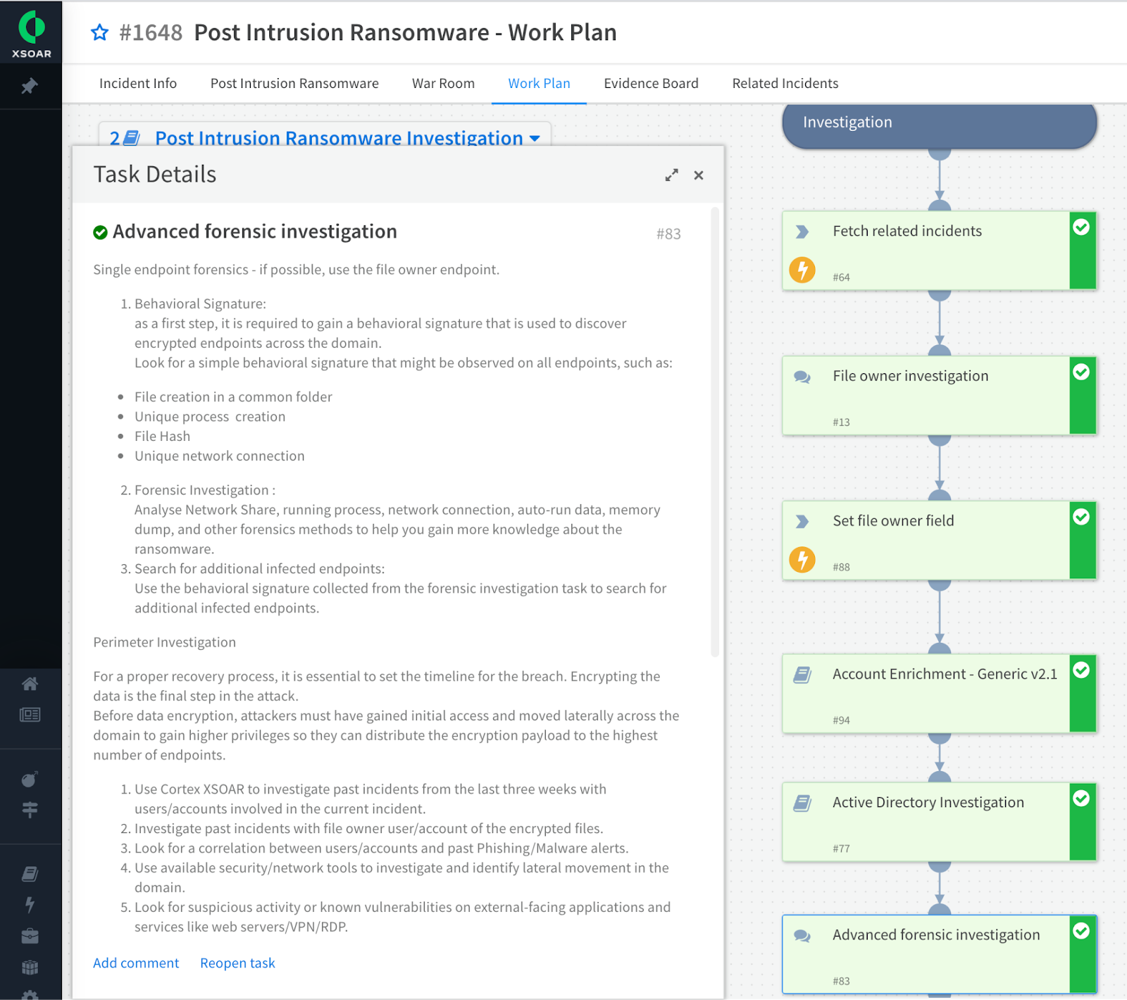 Expanded view of the advanced forensics investigation task of the Ransomware playbook