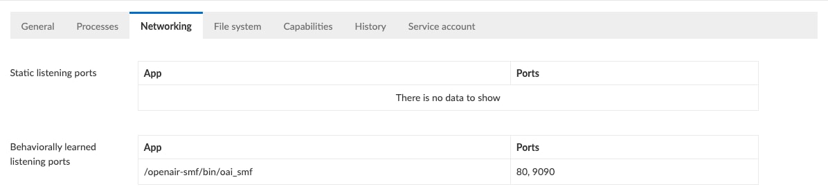 The networking tab provides a display of the ports in use