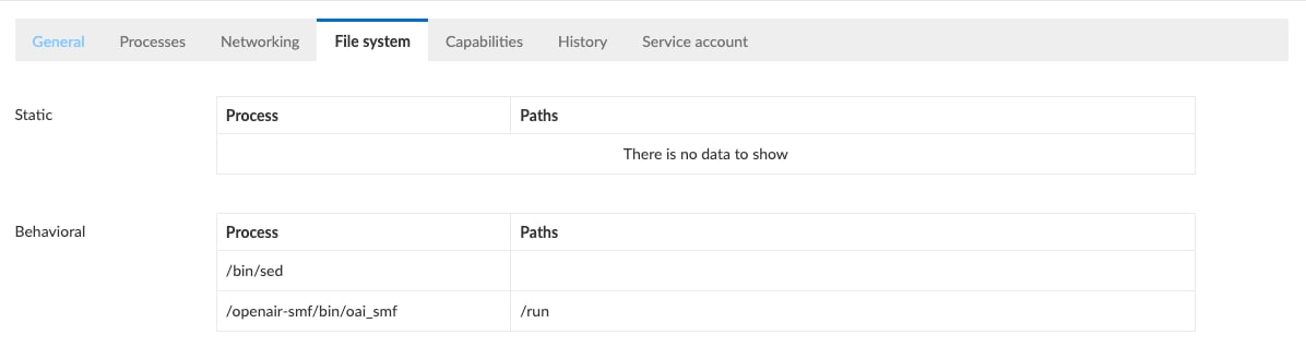 The file system tab shows learned file behavior. Prisma Cloud automatically observes and learns from behavioral anomalies