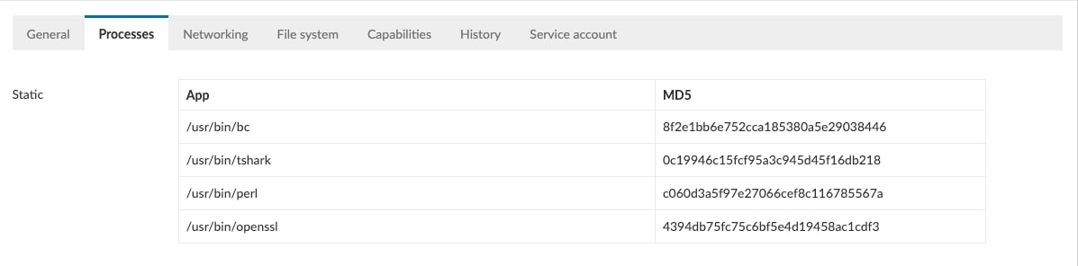 The runtime defense model has provided a list of processes that are running