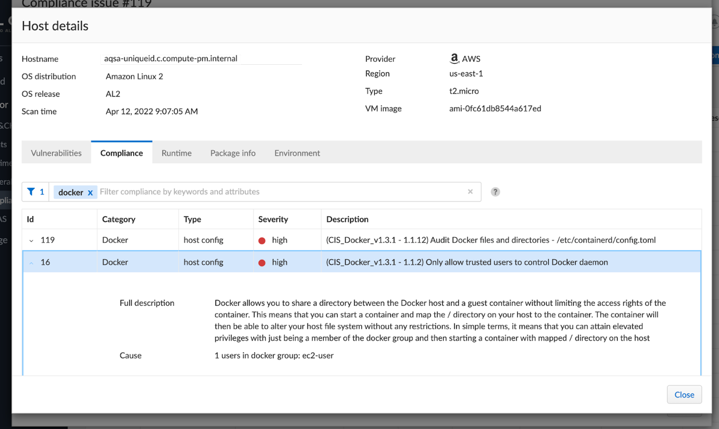 Prisma Cloud Agentless compliance scan results