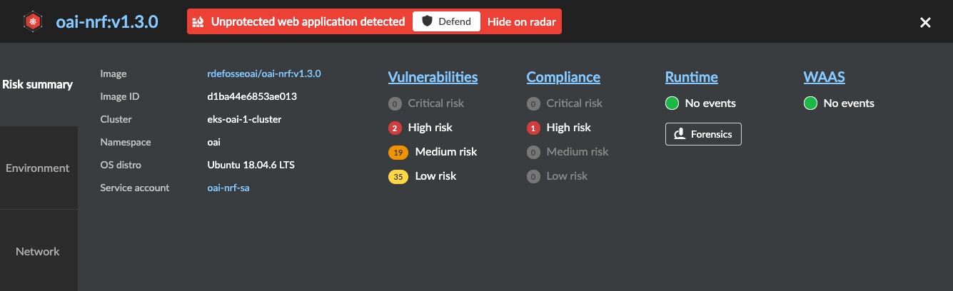 A view of the risks associated with a particular network repository function (NRF) as displayed by Prisma Cloud