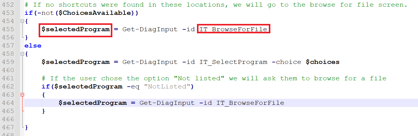 (Figure 2 - Snippet from TS_ProgramCompatibilityWizard.ps1 that fetches IT_BrowseForFile parameter)