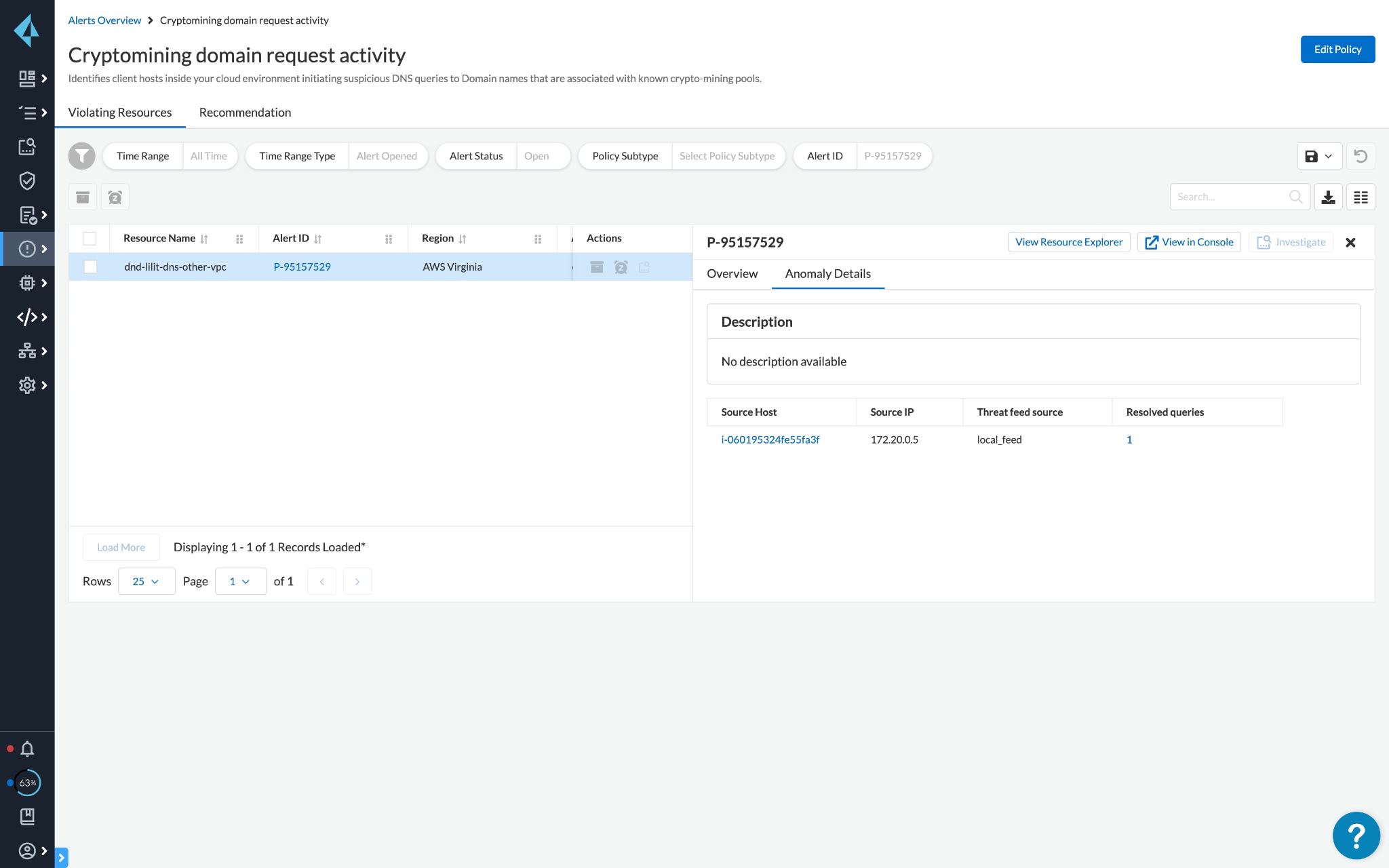 Screenshot of cryptomining domain request activity. 