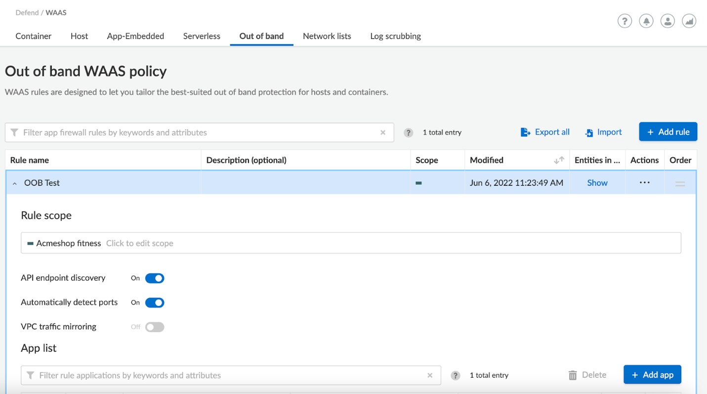 Out of Band WAAS Policy management in Prisma Cloud