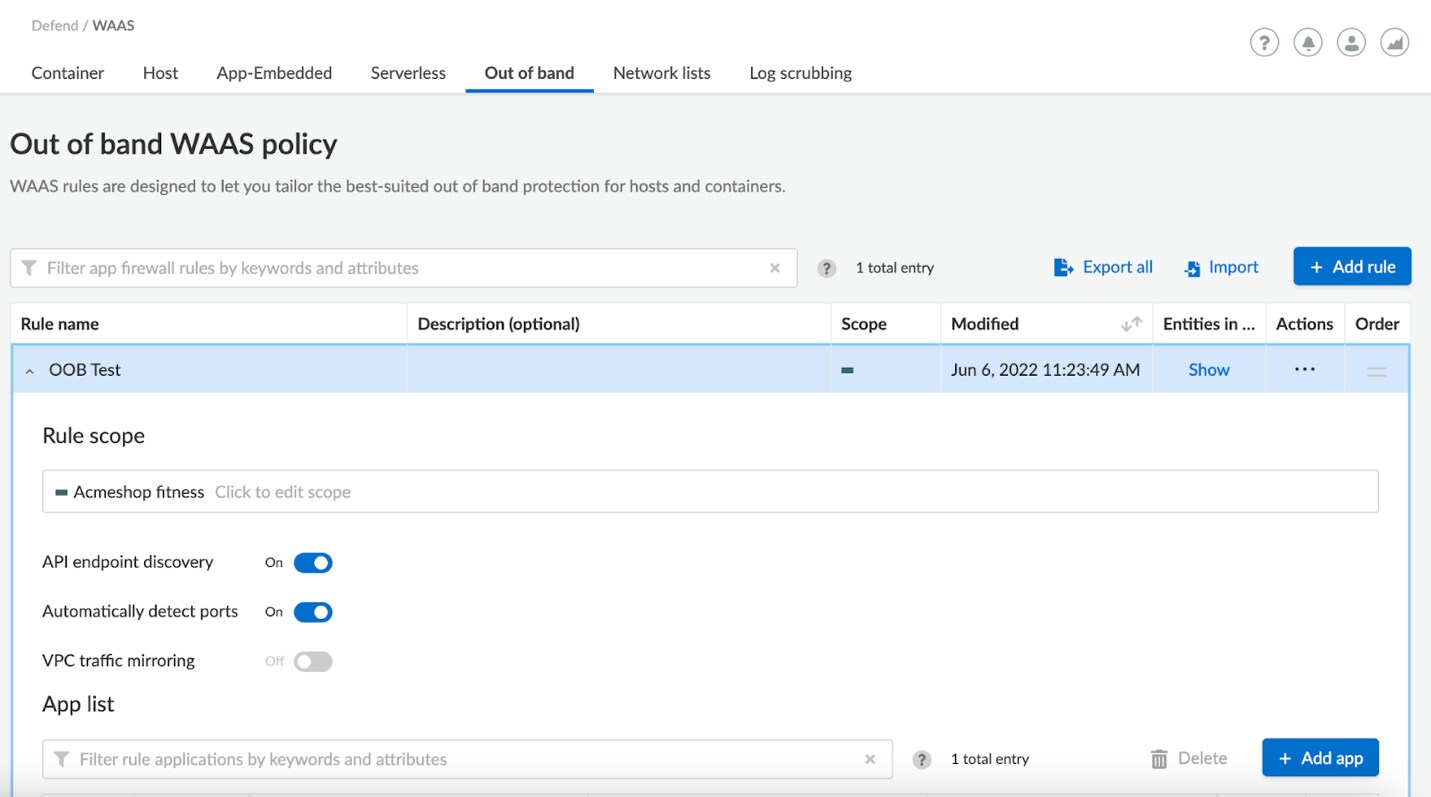 Out-of-Band WAAS Policy management in Prisma Cloud