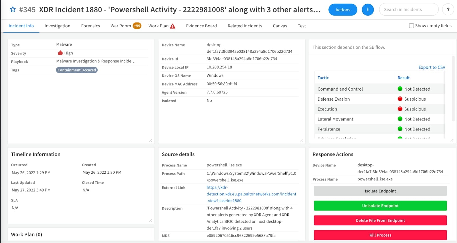 XDR Incident 1880 - 'Powershell Activity - 2222981008' along with 3 other alerts...
