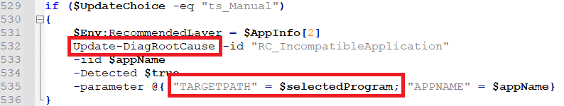 (Figure 3 - Passing parameters to Update-DiagRootCause cmdlet)