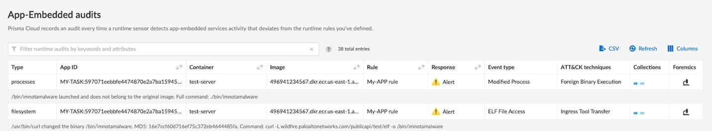 App-embedded runtime audits displayed in the Events page