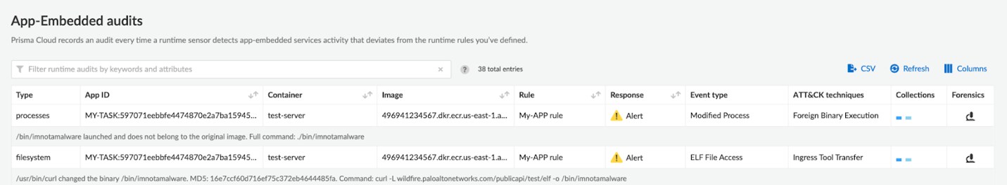 App-embedded runtime audits displayed in the Events page