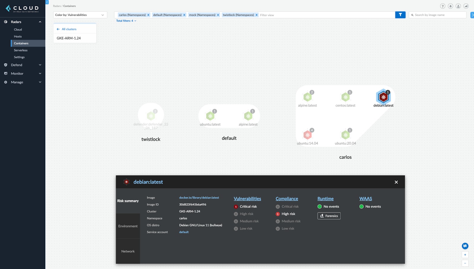 Figure 1. With the Prisma Cloud radar view, each image with running containers is depicted as a node in the graph with single-click details and an action panel