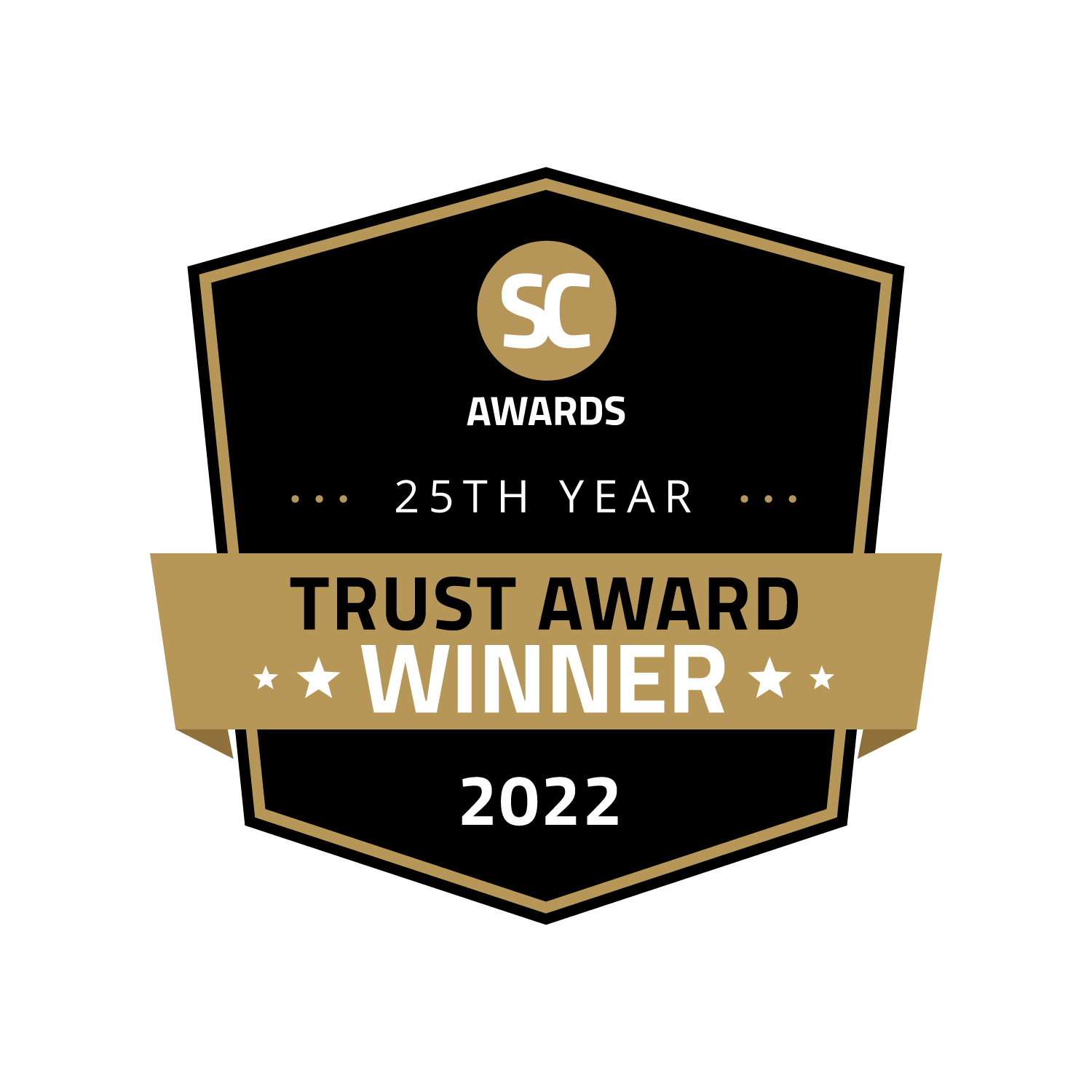25周年を迎えたSCアワードのバッジ。弊社は、2022年のTrust Awardを受賞しました。