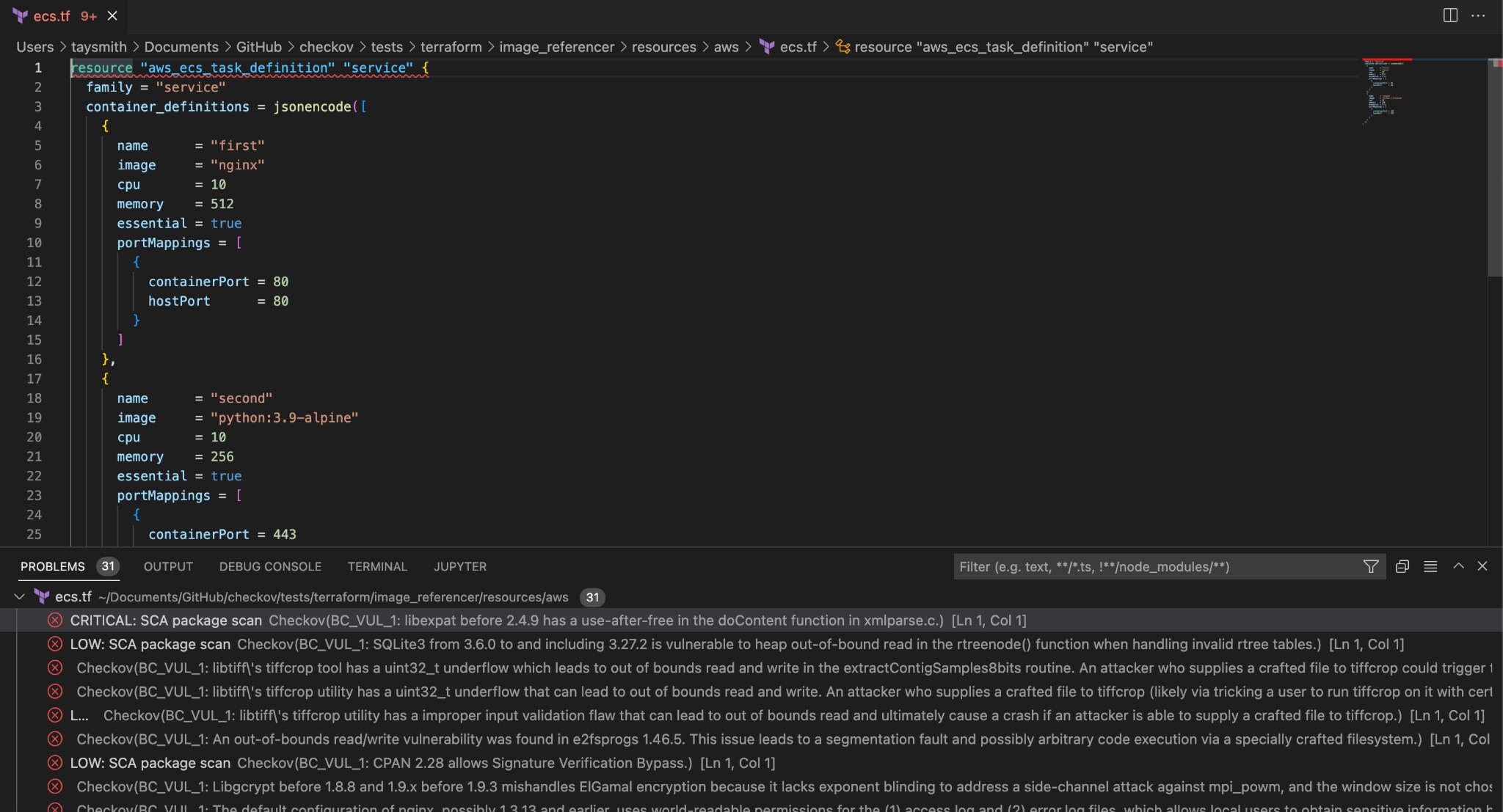 Image vulnerabilities are surfaced in the IDE, along with IaC scanning findings for resource blocks.