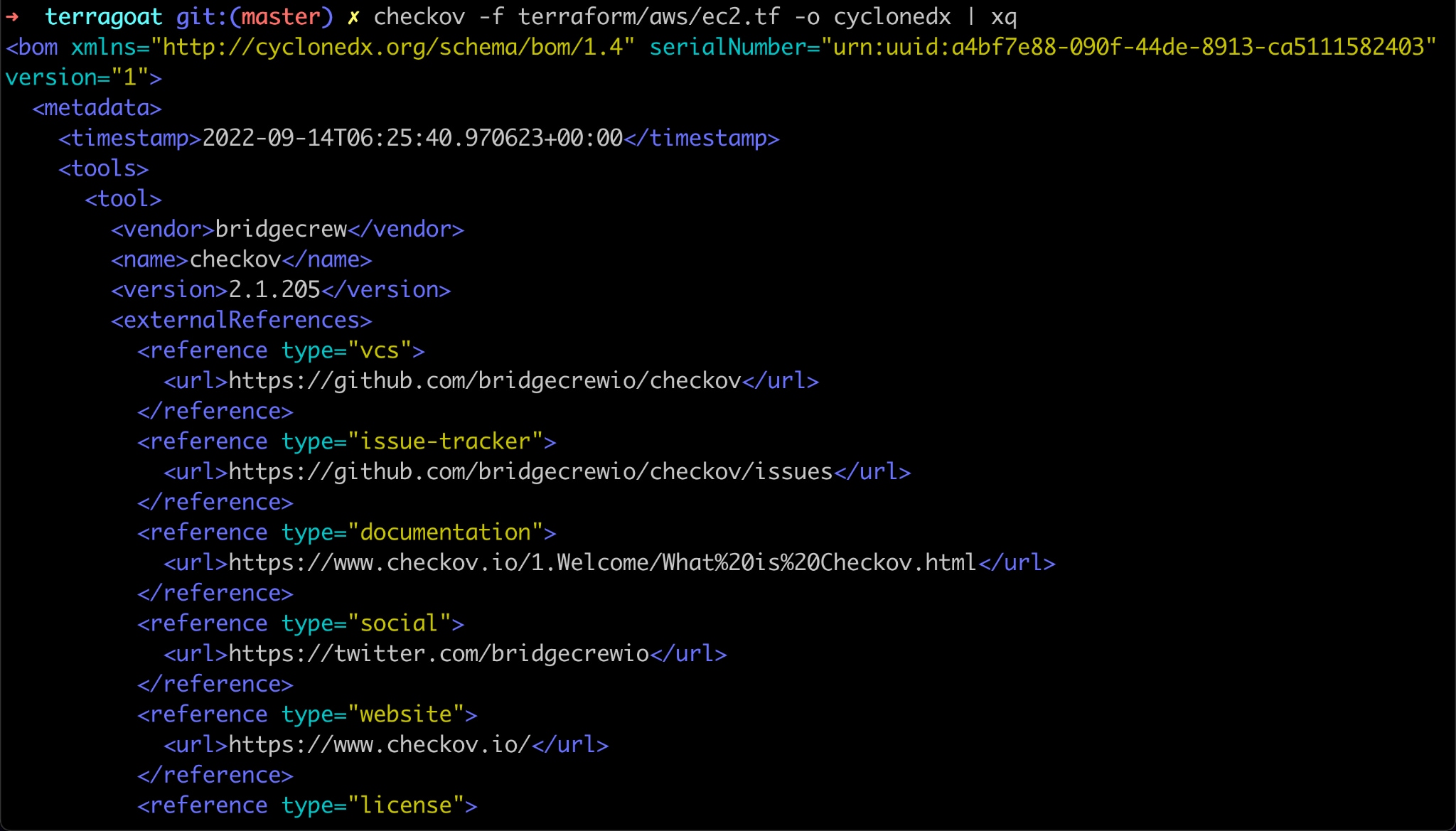 Checkov’s output when generating an SBOM