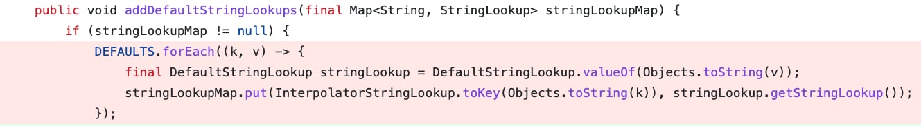 Figure 5. addDefaultStringLookups function in StringLookupFactory class, which is also used in interpolatorStringLookup class