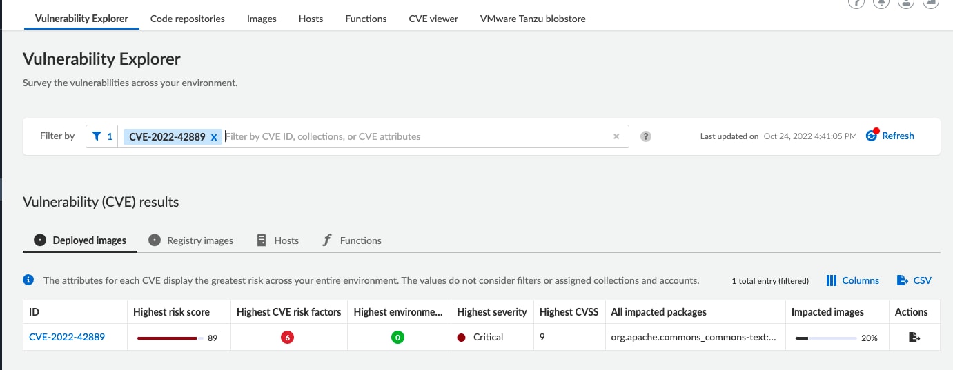 Figure 10. Prisma Cloud Vulnerability Explorer search for CVE-2022-42889