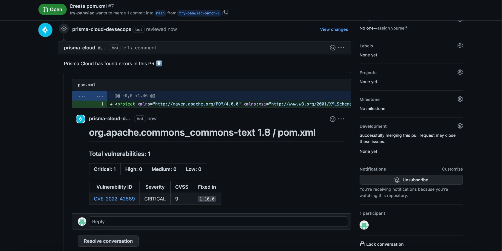 Figure 11. Prisma Cloud notifies developers of CVE-2022-42889, blocks the build and provides remediation guidance