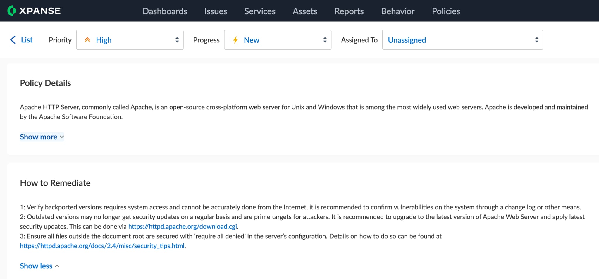 Figure 3: Remediation Guidance on how to remediate the Apache Web Server issue affected by CVE