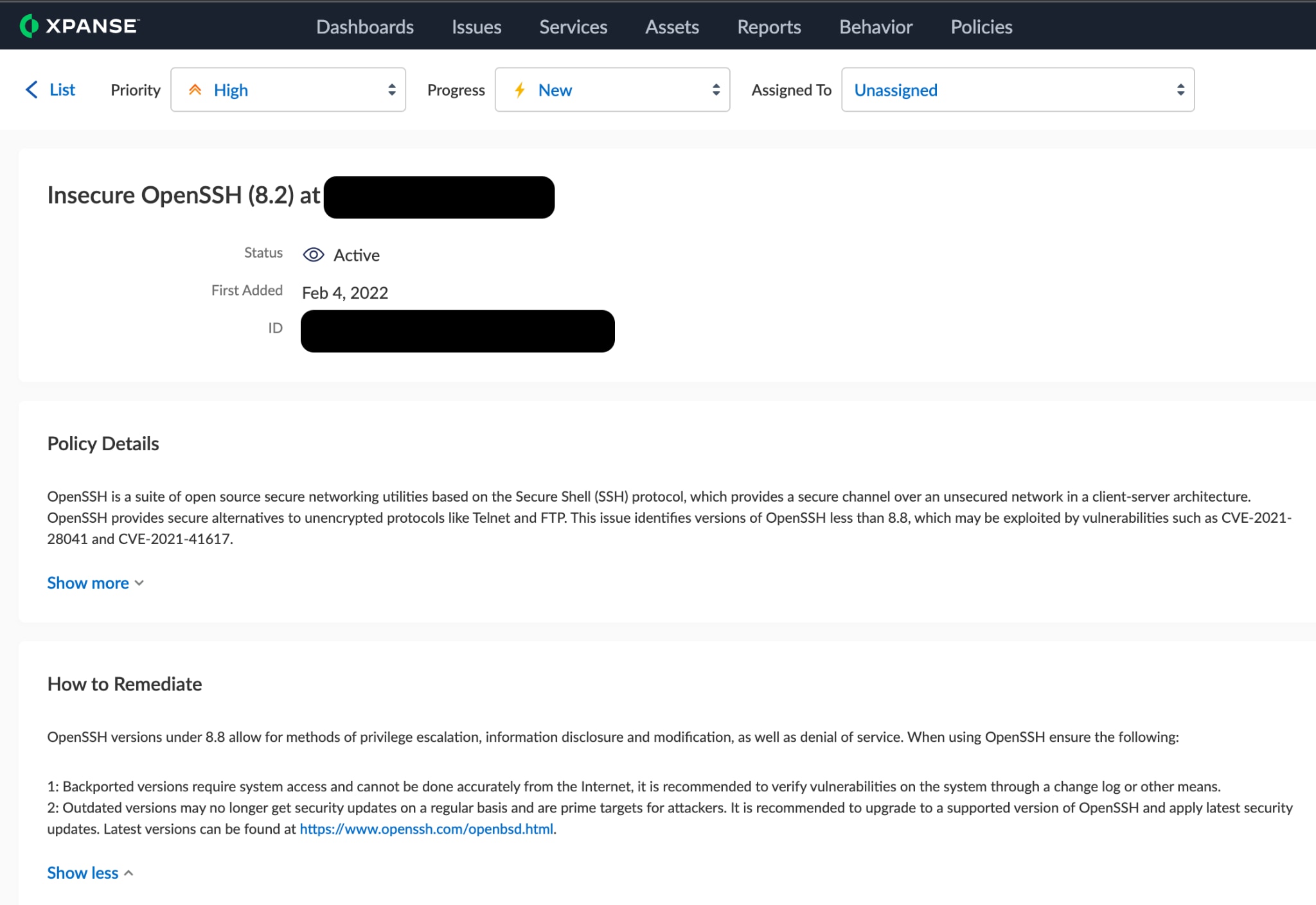 Figure 4: Remediation Guidance on how to resolve insecure OpenSSH servers exposed to the public internet