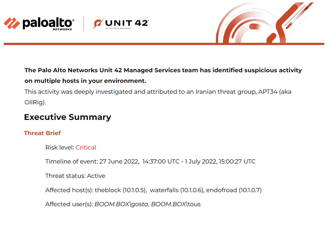 Palo Alto Networks Unit 42 executive summary of the threat brief.