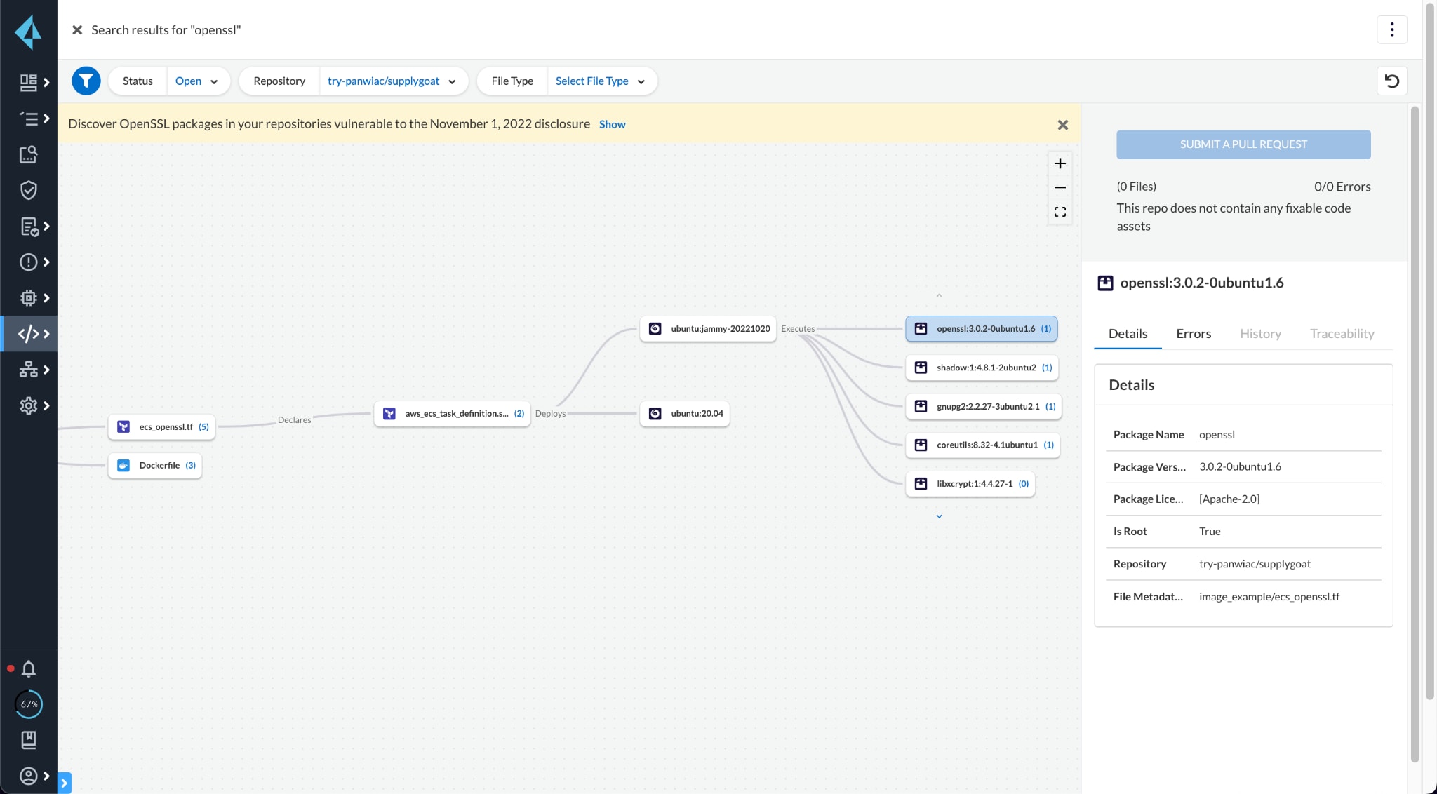 Supply Chain view of impacted images in a repository