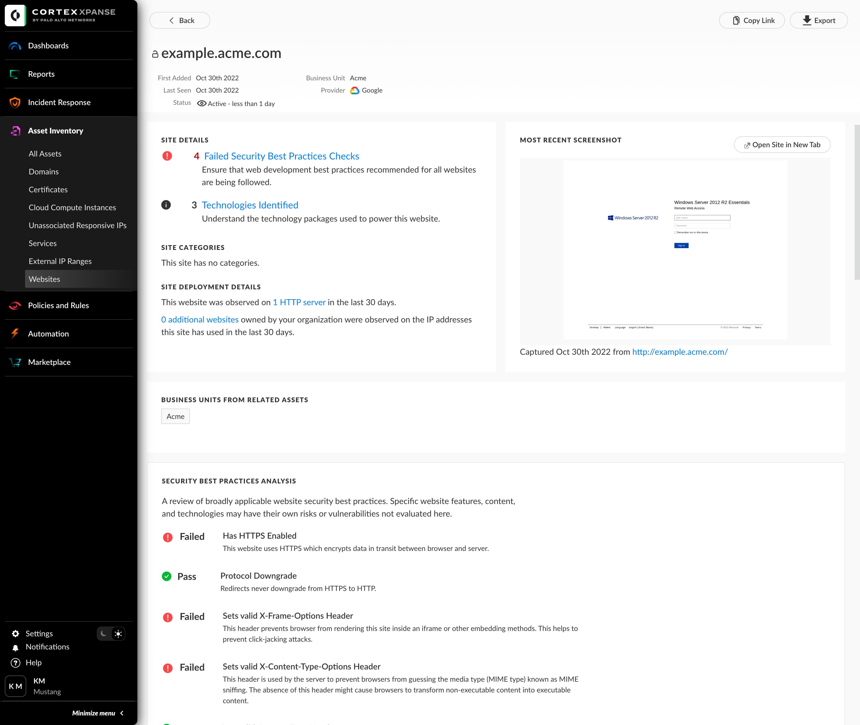 Screenshot of Cortex Xpanse asset inventory, listing website site details, categories, and security best practices analysis. 