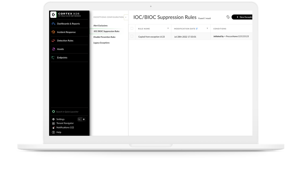 Screenshot of Cortex XDR page on IOC/BIOC suppression rules. 
