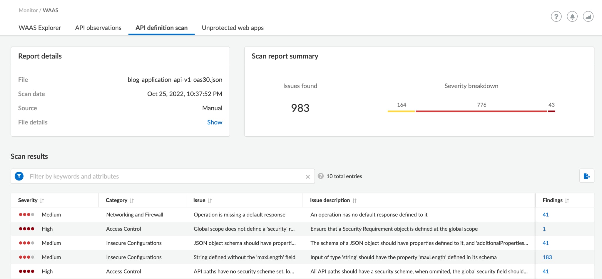 Screenshot of monitor/WAAS in API definition scan.