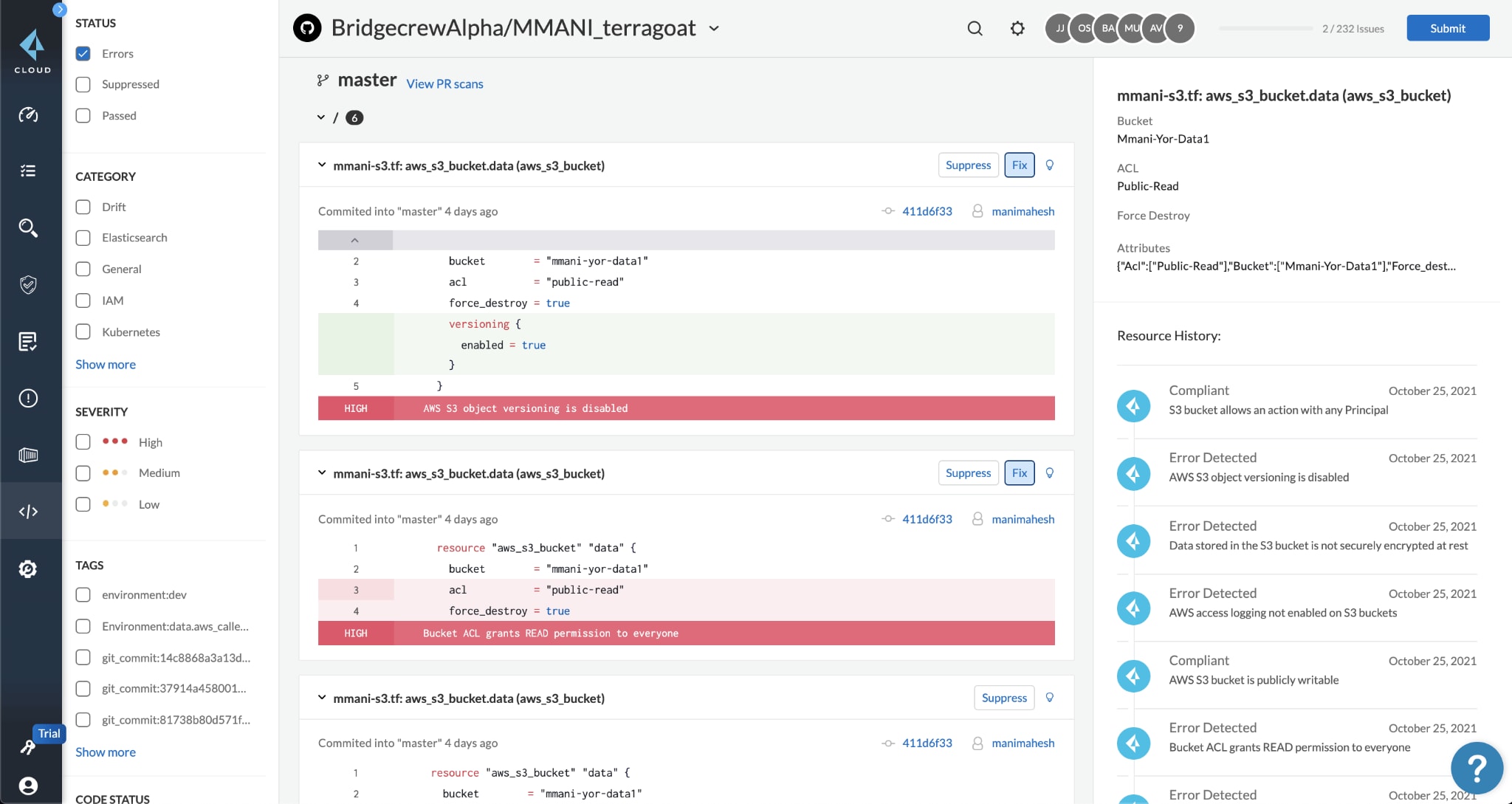 Prisma Cloud flags misconfigurations in IaC files and provides fix suggestions in code.