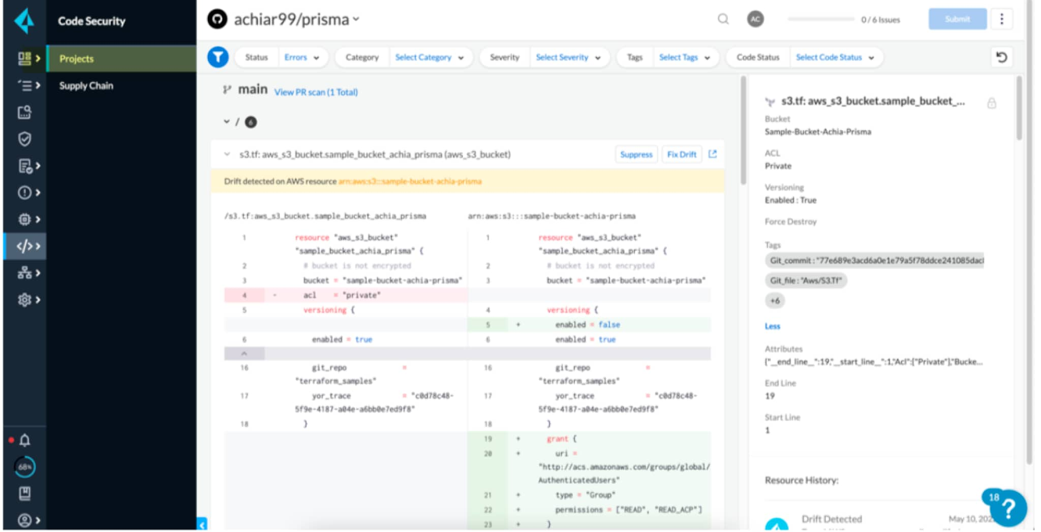 Prisma Cloud automatically scans your repos to identify drift and provides remediation suggestions in code to get your configuration files back in line with your running resources.