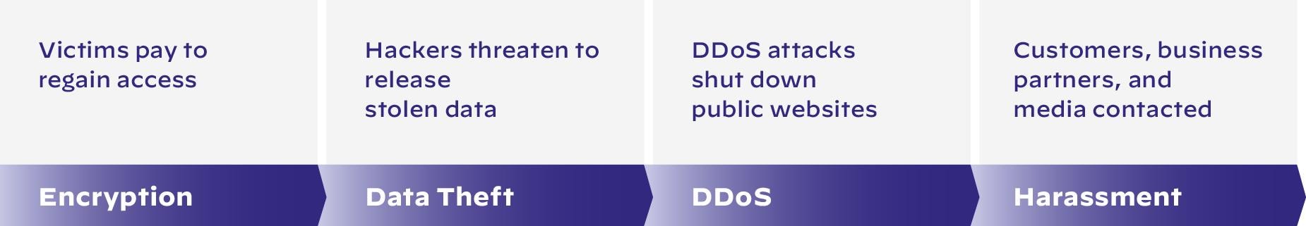 Encryption, data theft, DDoS and harassment extortion techniques.
