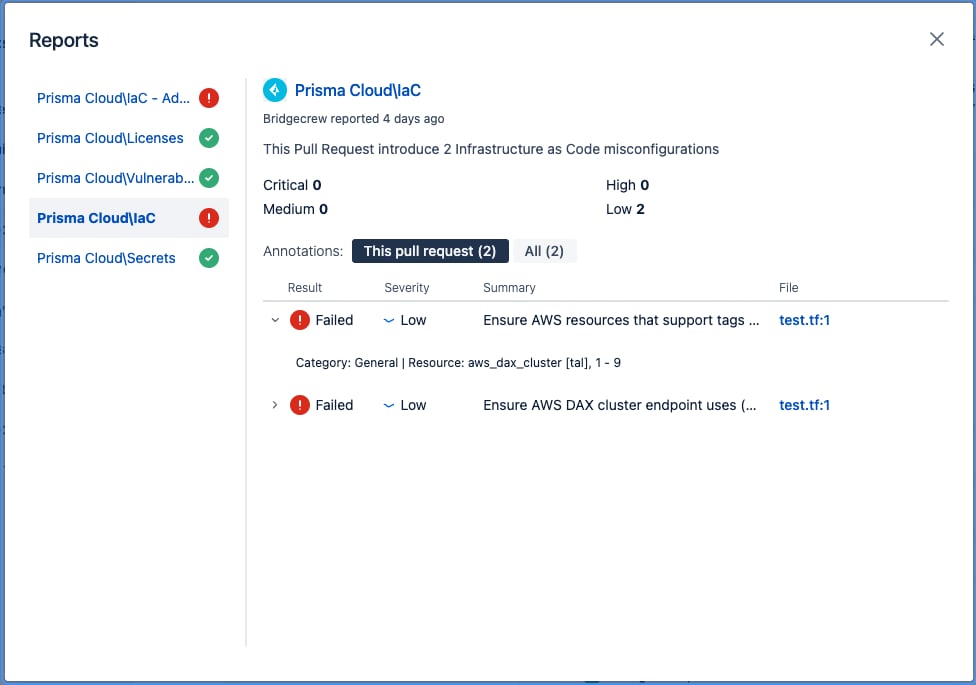 Prisma Cloud generates a report detailing two flagged IaC misconfigurations found in a pull request.