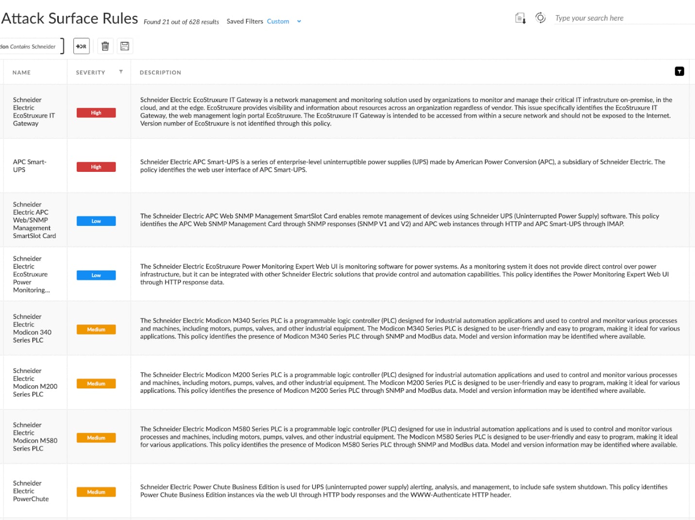 Fig 1. Shows a sample of the newly release OT and ICS policies for Schneider devices