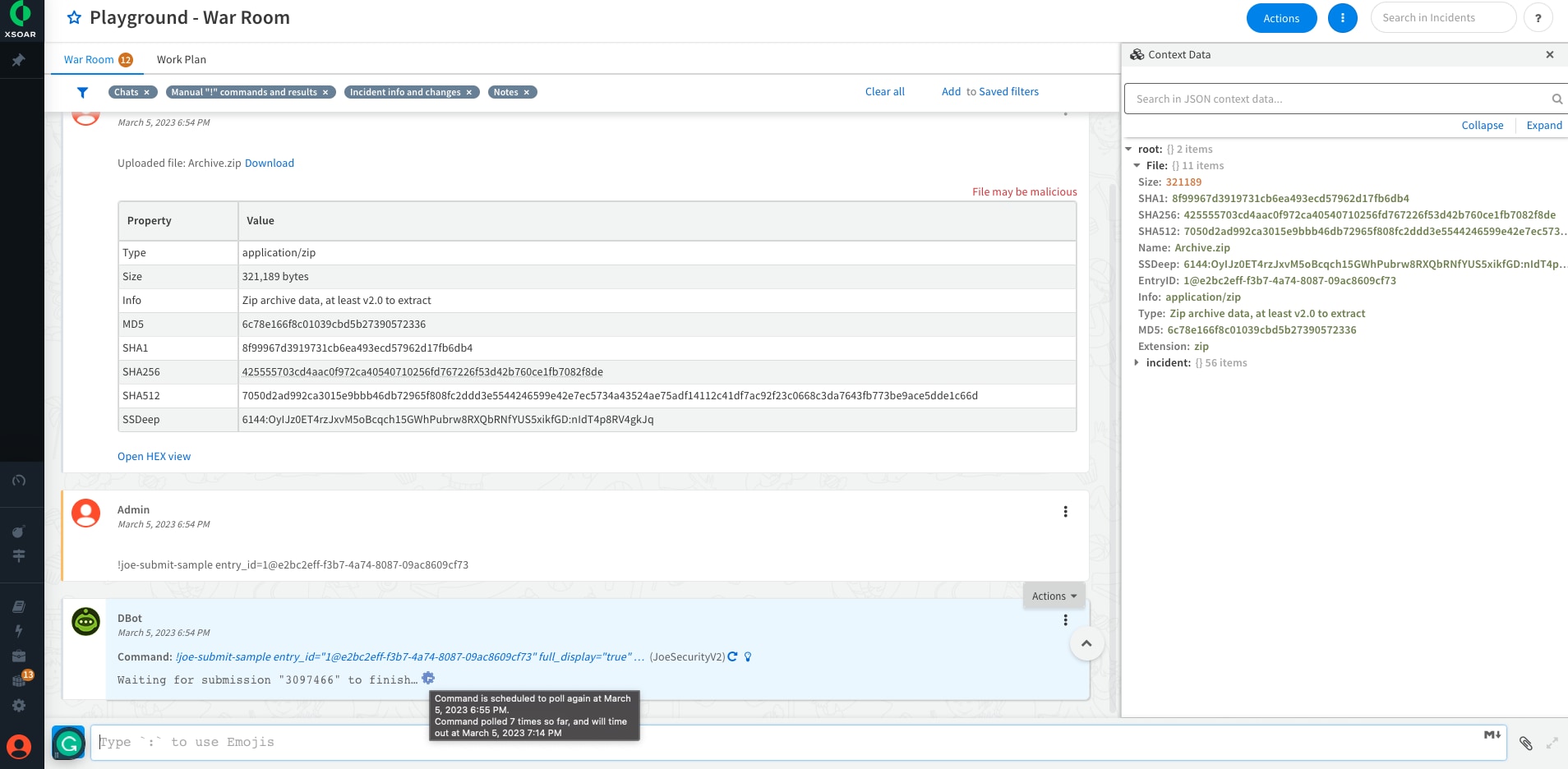 Sandbox analysis information available for review in the XSOAR incident war room