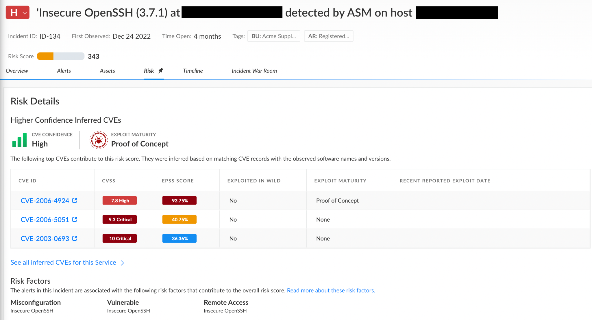 Figure 1: Shows an example of a Risk Score and the Risk Details view for an Insecure OpenSSH server.