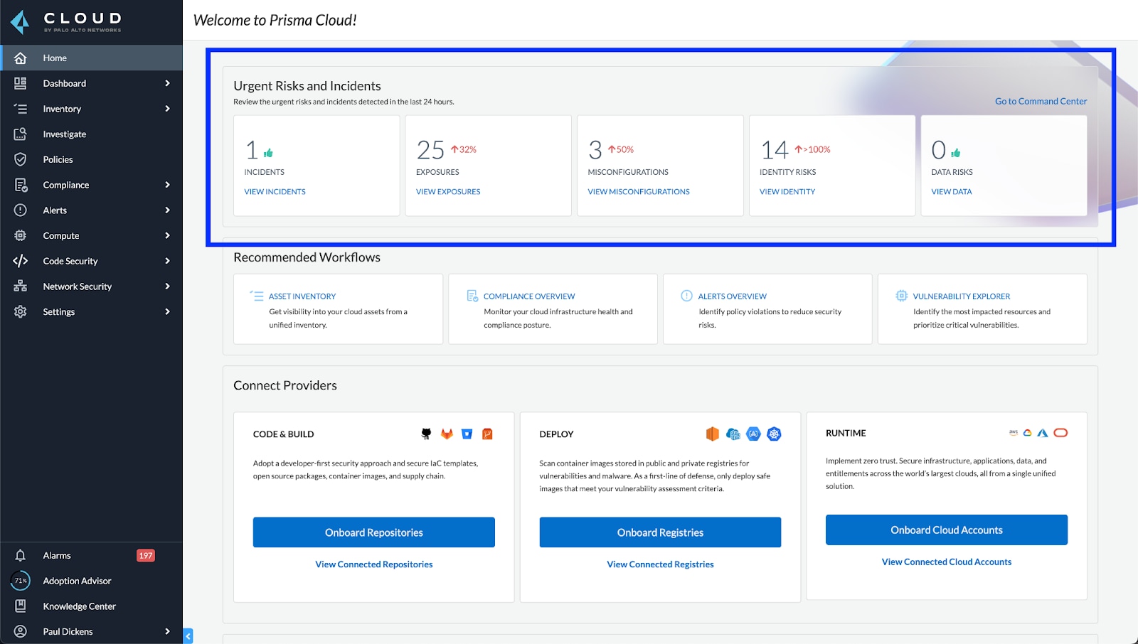 Prisma Cloud Homepage showing Urgent Risks & Incidents pane outlined in blue