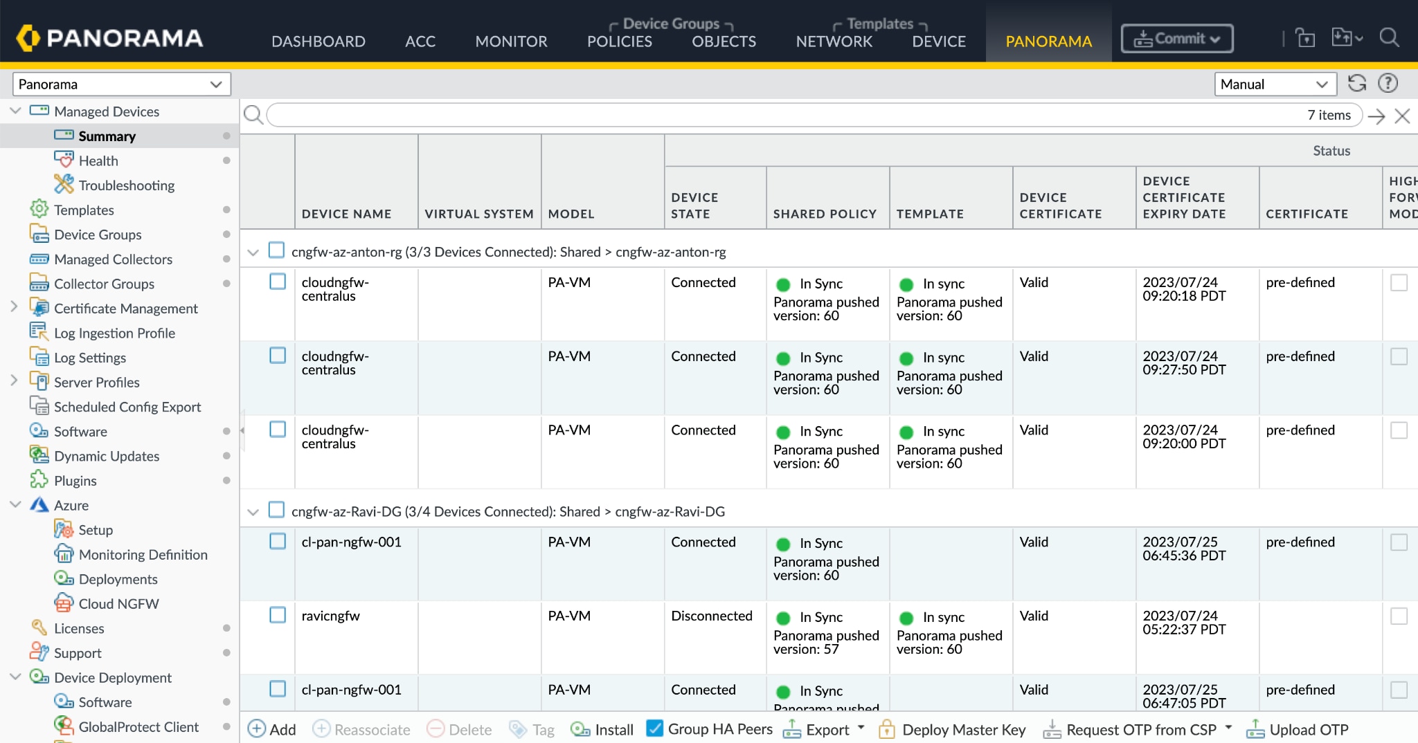 Screenshot of Panorama managed devices.